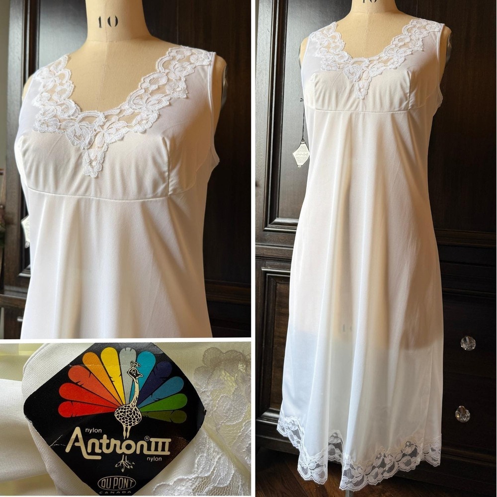 NWT Vintage Full Slip Antron III Nylon Lace Trim Sleeveless V Neck White  36